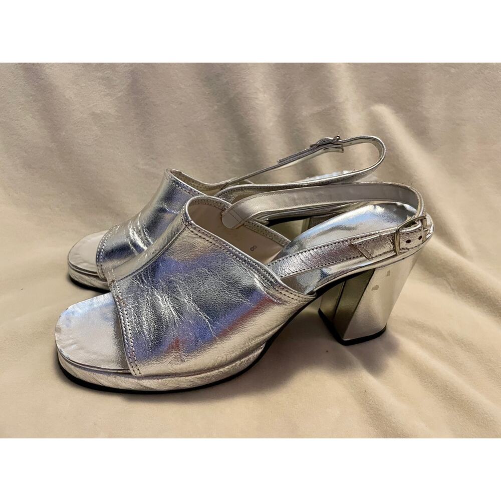Vintage 70s Town & Country Silver Metallic Platform Block Heel Slingbacks Size 5